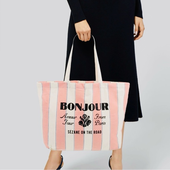 Sezane Pink Stripe Canvas Tote Bag LARGE New - Picture 4 of 4